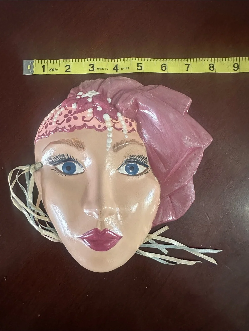 Vintage ceramic glamor girl with hat mask wall hanging 1980s art deco